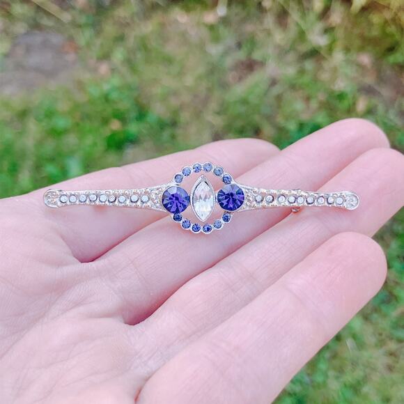 Vintage Mid Century Blue Rhinestone Bar Brooch Edwardian Revival Elegant Pin - Picture 6 of 11